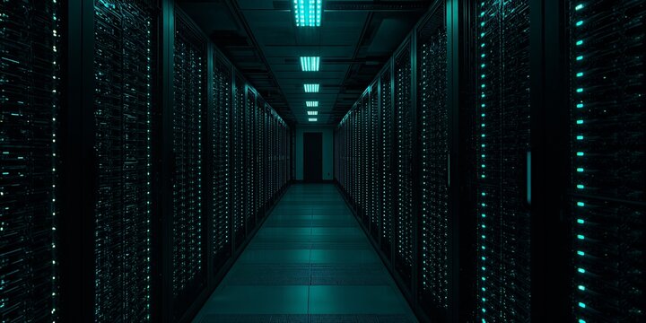 Symmetric data center corridor with glowing LED server racks; enterprise cloud infrastructure, high-availability colocation, GPU/HPC aisle, fiber networking and cooling, cybersecurity-ready facility