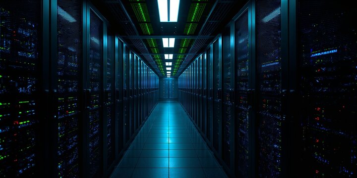 High-density data hall with reflective floor and green/blue luminaires; hyperscale infrastructure running GPUs and storage arrays, DevOps automation, scalable compute for SaaS, fintech, research