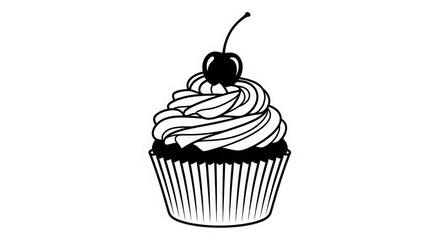 Hand-drawn style cupcake with swirled frosting and cherry topping minimalist line art dessert treat