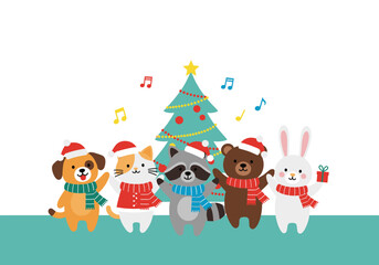 Fototapeta premium Cute cartoon animals wearing santa hats and scarves singing christmas carols together in front of a decorated christmas tree celebrating the holiday season