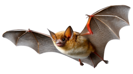 Flying Bat in Motion: The image captures a bat mid-flight, its wings spread wide against a light background, showing details in motion.