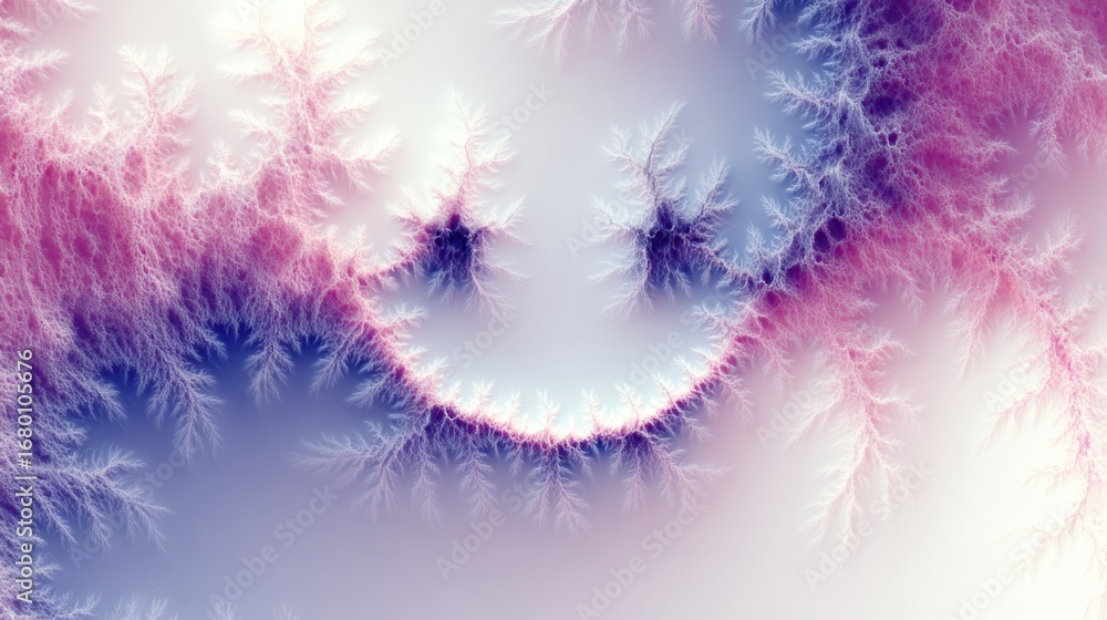 Poster colorful fractal design depicting a smiling face with soft, swirling patterns in shades of pink and 