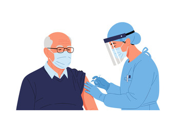 Elderly man receives covid 19 vaccination from healthcare professional during pandemic