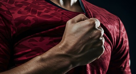 Powerful Athletes Hand Clenching Performance Shirt During Intense Workout