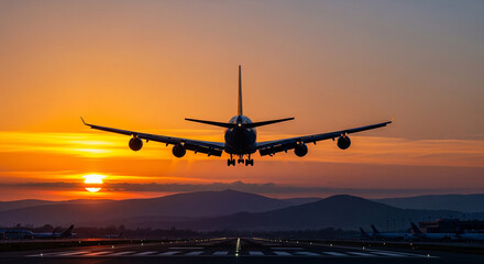 Airplane landing at sunset travel transportation flight aviation