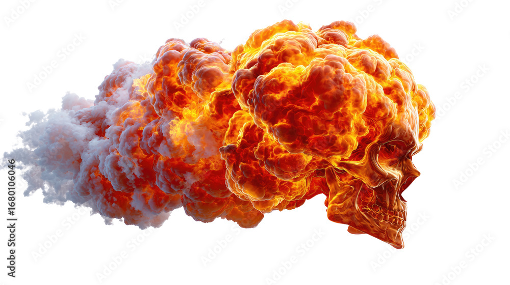 Poster explosive skull: a fiery skull erupts in a powerful explosion, its form defined by flames and smoke,