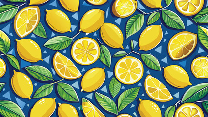 Bright yellow lemons and green leaves pattern on a blue background citrus fruit
