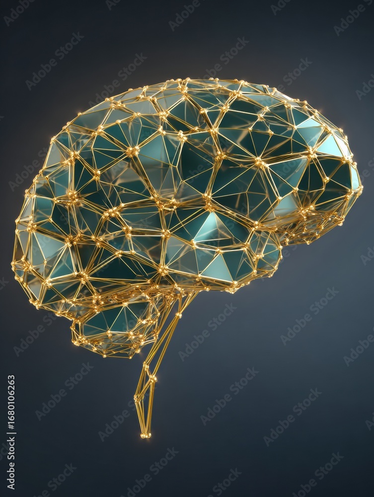 Poster stylized brain structure with geometric patterns and glowing elements displayed on a dark background