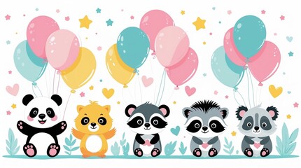 Cartoon Animals with Birthday Pastel Balloons