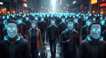 Crowd of people with facial recognition technology scanning their faces