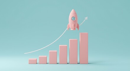 Rocket launching above rising bar graph symbolizes business growth and success in startup venture on pastel background