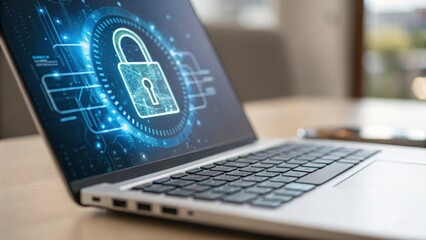 Laptop displaying a digital security lock graphic on the screen.