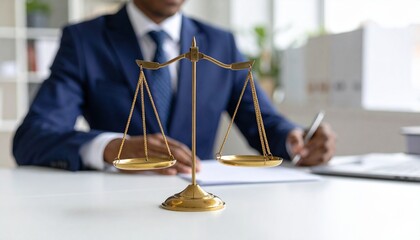 Golden scales of justice on a lawyer's desk