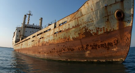 Vast Rusty Hull of an Abandoned Cargo Ship on Calm Ocean Waters