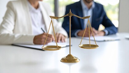 Golden scales of justice on a lawyer's desk