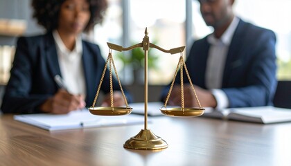 Golden scales of justice on a lawyer's desk