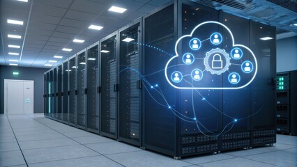 Data center with servers and cloud computing graphics.