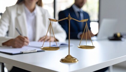 Golden scales of justice on a lawyer's desk