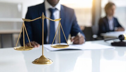 Golden scales of justice on a lawyer's desk