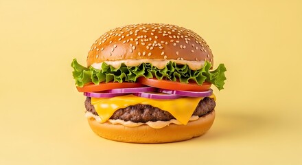 Tasty Cheeseburger on a Yellow Background.