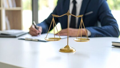Golden scales of justice on a lawyer's desk
