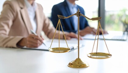 Golden scales of justice on a lawyer's desk