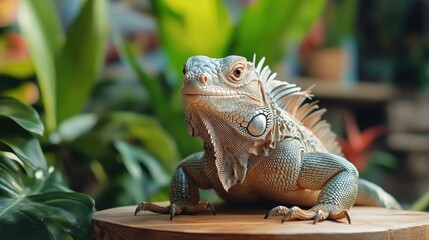 Obraz premium Green Iguana Lizard Resting on a Wooden Surface