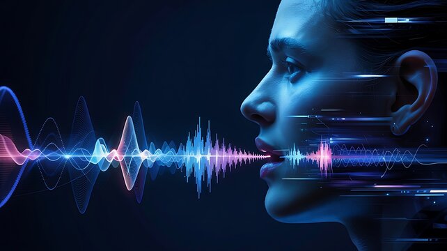 Futuristic digital representation of a human face interacting with a vibrant sound wave visualization symbolizing voice technology and artificial intelligence