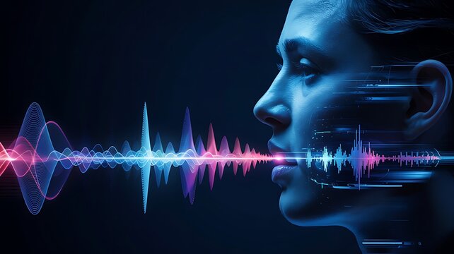Abstract visualization of a human profile speaking with a vibrant colorful sound wave emanating from their mouth in a dark futuristic setting