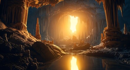 Mysterious Cave Entrance with Glowing Light.