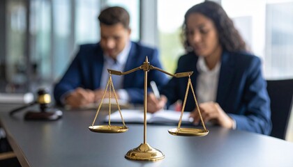 Golden scales of justice on a lawyer's desk