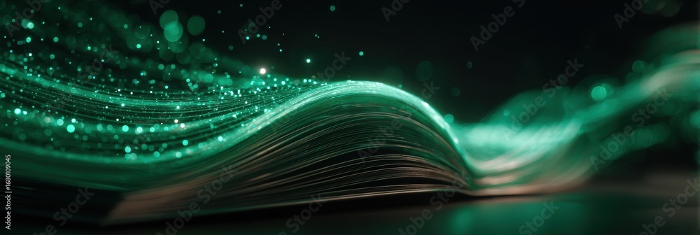 Aufkleber captivating open book adorned with glowing green particles in a dark setting creating a mystical atm