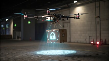 Drone delivering a secure package in an industrial setting.