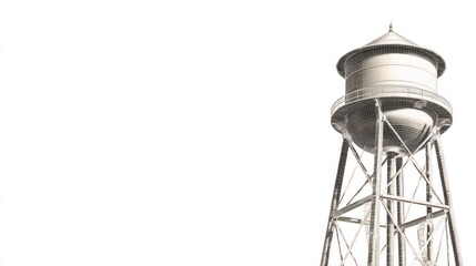 Sepia water tower on scaffolding against a stark white background, right side