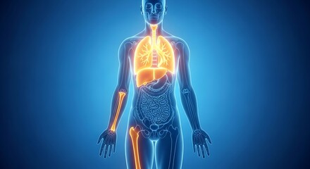 Anatomical rendering reveals human internal structure showing lungs, liver, skeleton against a blue background