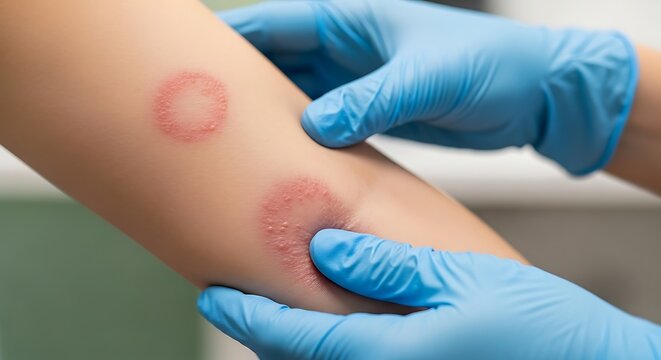 Arm with ringworm examined by medic wearing blue gloves shows dermatological concern