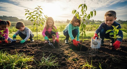 A group of happy children planting trees together for a sustainable future