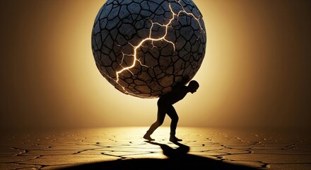 Man carrying a heavy cracked boulder, symbolizing a great burden and struggle