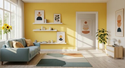 Brighten your home with a modern living room featuring yellow walls and geometric art prints