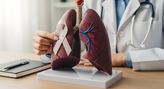 Caucasian doctor with white ribbon near lungs model promoting pulmonary fibrosis awareness