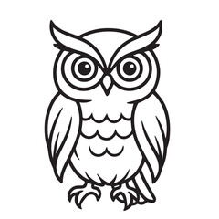 Vector drawing of an owl, represented in minimalist black and white style, completed with bold black outlines highlighting features, wings, and sharp gaze.