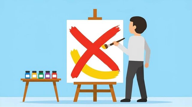 Flat Design Animation of a Painter Starting a New Artwork with a Yellow Brushstroke on a Canvas