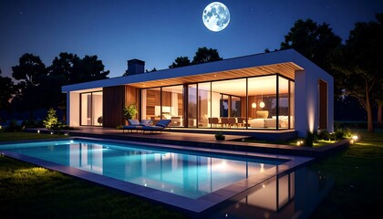 Modern, single-story house with pool, lit at night under full moon