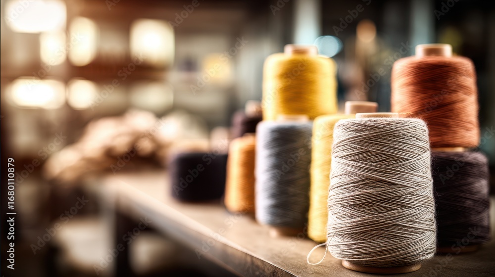 Poster focused medium shot of bulk yarn spools showing varied thread thicknesses and materials with a delib