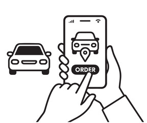 Vector design of online taxi ordering, rental, and sharing services, mobile application interface on smartphone displaying city map, route points, and background car.