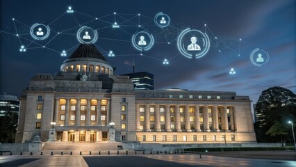 Historic building with digital connections and networking symbols above.
