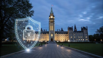 Historic building with a digital security theme at dusk.