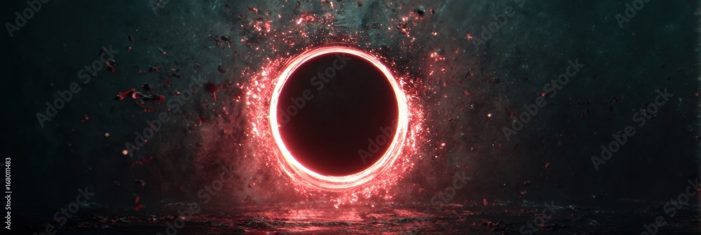 Poster ethereal portal with glowing red edges surrounded by floating debris in a mysterious dark environmen