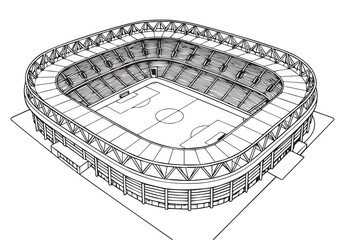 Vector illustration of an elegant football stadium, detailed architectural design in black and white style, accented with bold black outline, minimalist modern graphic.