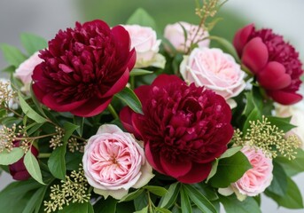 Fototapeta premium Beautiful Arrangement of Deep Red Peonies and Soft Pink Roses